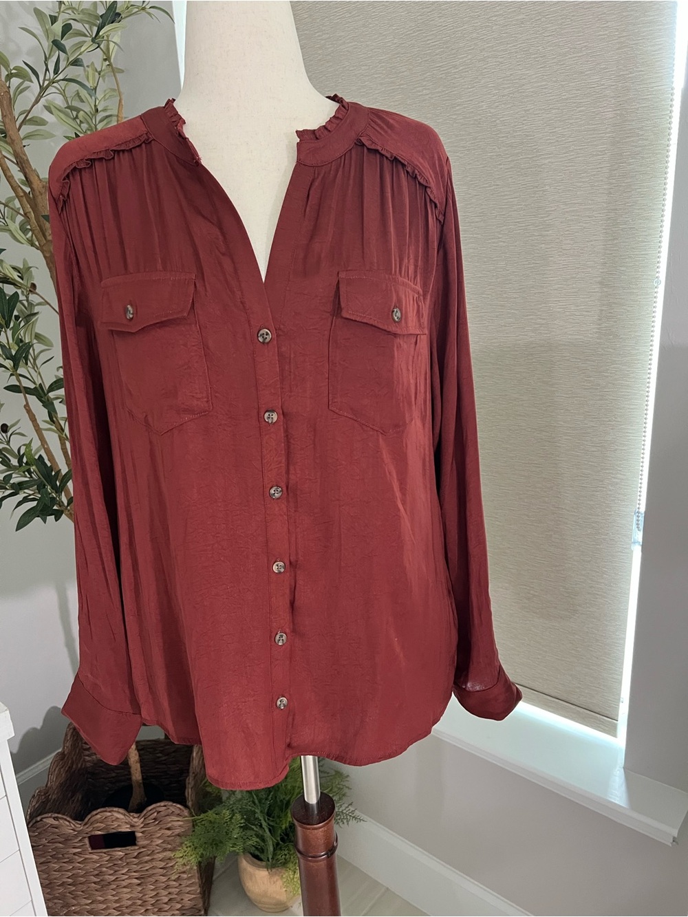 Democracy Button-Front Long Sleeve Shirt - Deep Rust